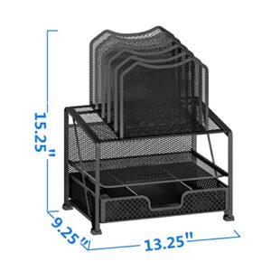 Simple Trending Mesh Desk Organizer with Sliding Drawer, Double Tray with 5 Sections File Bookshelf, Black