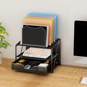 Simple Trending Mesh Desk Organizer with Sliding Drawer, Double Tray with 5 Sections File Bookshelf, Black