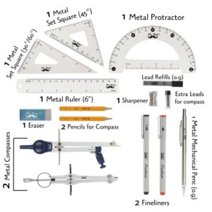 Mr. Pen- Professional Geometry Set, 15 pcs, Geometry Kit for Artists and Students, Geometry Set, Metal Rulers and Compasses, Drawing Tools, Drafting Supplies, Drafting Set, Drafting Tools and Kits