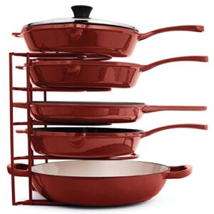 pan organizer for cast iron skillets, griddles and pots – heavy duty pan rack – holds up to 50 lbs- horizontal or vertical use – durable steel construction – red 12.2 inch – no assembly required