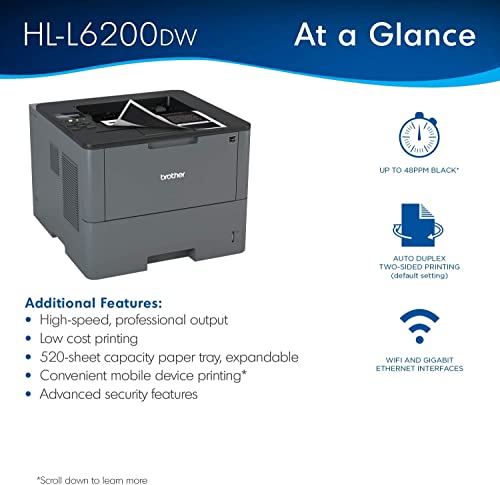 Brother HL-L62 Series Compact Monochrome Laser Printer, 48ppm, 520 Sheets, Wireless, Mobile Printing, Auto 2-Sided Printing, with MTC Printer Cable