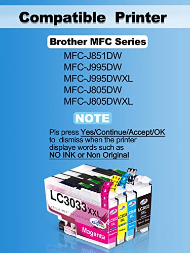 Compatible for Brother LC3033 Ink Cartridges Replacement for LC3033 BK/C/M/Y Ink Cartridges Brother use with Brother MFC-J995DW MFC-J995DWXL MFC-J815DW MFC-J805DW MFC-J805DWXL, 4 for LC3033 LC3035 Ink