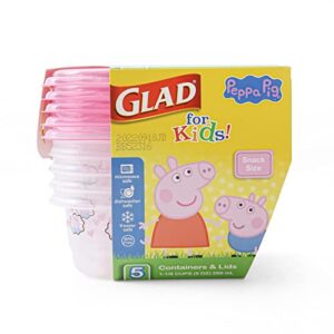 glad for kids peppa pig gladware to go snack storage containers with lids, 9oz 5ct | 9 oz kids snack containers with peppa pig design, 5 count set | tight seal food storage containers for food