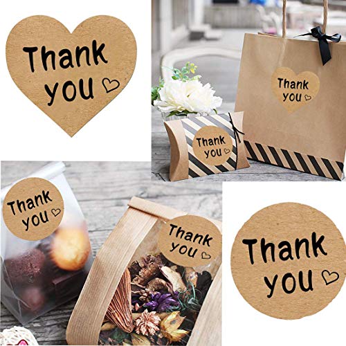 Thank You Stickers Roll 1000pcs Adhesive Labels Kraft Paper with Black Hearts, Decorative Sealing Stickers for Christmas Gifts, Wedding, Party