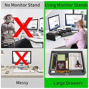WESTREE Dual Monitor Stand Riser with Drawer, Monitor Stand Riser for 2 Monitors, Adjustable Length and Angle, 2 Solts for Phone & Tablet, Desktop Organizer Stand for Computer/Laptop/PC/Printer