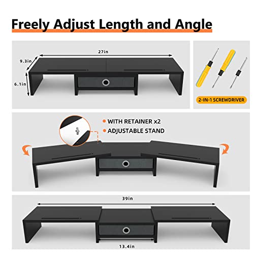 WESTREE Dual Monitor Stand Riser with Drawer, Monitor Stand Riser for 2 Monitors, Adjustable Length and Angle, 2 Solts for Phone & Tablet, Desktop Organizer Stand for Computer/Laptop/PC/Printer