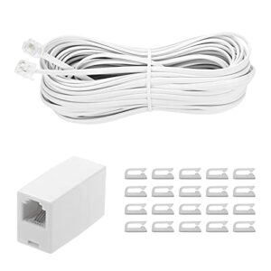 vthahaby 50 feet long telephone extension cord phone cable line wire, with standard rj11 plug and 1 in-line couplers and 15 cable clip holders-white (white 15m)
