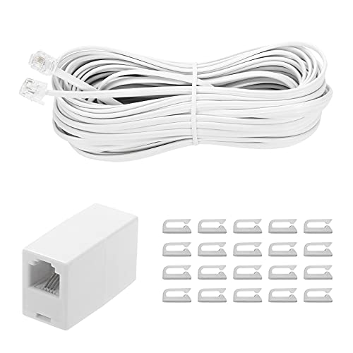 Vthahaby 50 Feet Long Telephone Extension Cord Phone Cable Line Wire, with Standard RJ11 Plug and 1 in-Line Couplers and 15 Cable Clip Holders-White (White 15M)