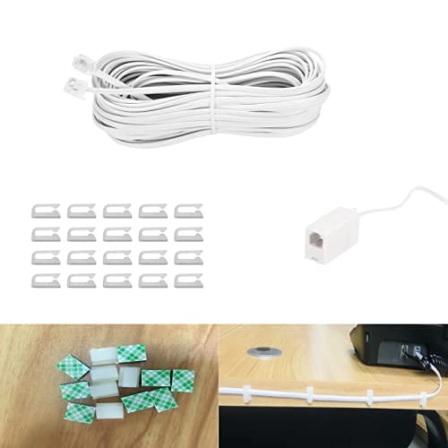 Vthahaby 50 Feet Long Telephone Extension Cord Phone Cable Line Wire, with Standard RJ11 Plug and 1 in-Line Couplers and 15 Cable Clip Holders-White (White 15M)