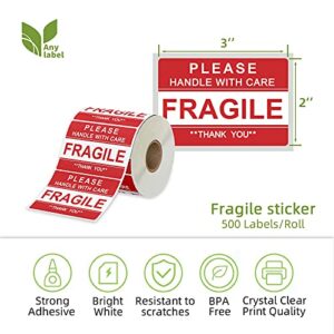 Anylabel 3 x 2 inch Handle with Care Fragile Thank You Warning Packing Shipping Label Stickers Permanent Adhesive (1 Roll, 500 Labels)