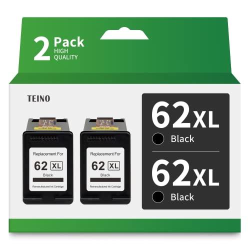 TEINO 62XL Remanufactured Ink Cartridge Replacement for HP 62 62XL 62 XL for HP OfficeJet 200 250 Envy 7640 5660 7645 5540 5740 5643 5640 5642 5663 5665 8000 (Black, 2 Pack)