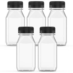 5 pcs 5 oz plastic juice bottle reusable transparent bulk beverage containers for juice, milk and other with black lids