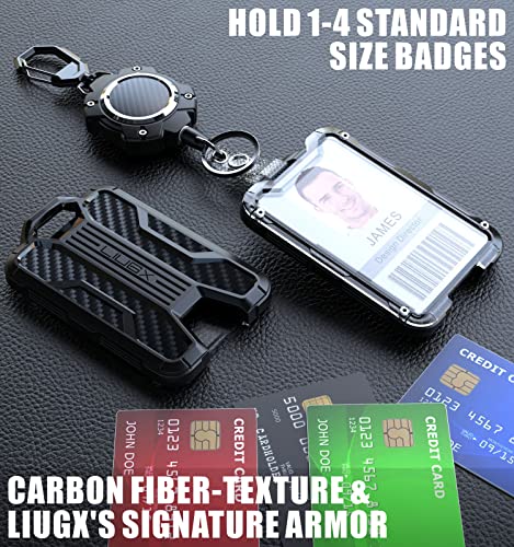 LIUGX Retractable Badge Holders, Heavy Duty Retractable Keychain, Carbon Fiber-Texture, Durable ID Card Holder (Holds 4 Cards), with 31.5” Retractable Badge Reel Key Chain, 10,000+ Rebound