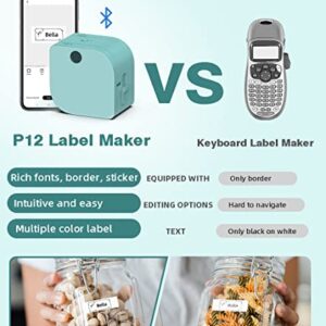 Label Maker Machine with Tape - Mini Label Maker P12 with Multiple Fonts & Stickers, Bluetooth Thermal Label Printer Compatible with 12mm Color Tape, Ideal for Home Organization, with 3 Pack Tape