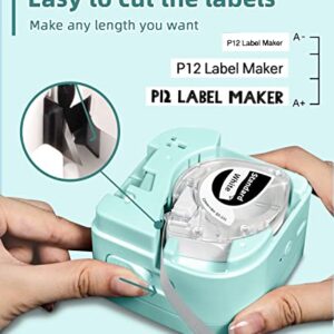 Label Maker Machine with Tape - Mini Label Maker P12 with Multiple Fonts & Stickers, Bluetooth Thermal Label Printer Compatible with 12mm Color Tape, Ideal for Home Organization, with 3 Pack Tape