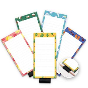5 pack magnetic notepads for fridge with pen holder, full magnet back notepad, to do list, grocery shopping, summer theme, 6″ x 3″, 50 sheets, magnet memo pad for fridge, locker, file cabinet, etc