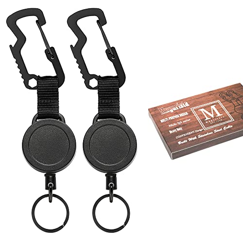 MNGARISTA 2 Pack Retractable Keychain, Multitool Carabiner Badge Holder, 8oz Retraction, Heavy Duty Badge Reel, Retractable Key Chain with Steel Cable and Key Ring, Black