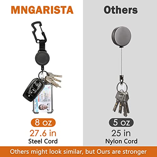 MNGARISTA 2 Pack Retractable Keychain, Multitool Carabiner Badge Holder, 8oz Retraction, Heavy Duty Badge Reel, Retractable Key Chain with Steel Cable and Key Ring, Black