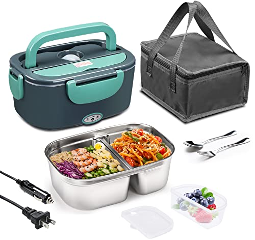 Electric Lunch Box 60W Food Heater, Upgraded 2 Compartments Portable Heated Lunch Box for Car Truck Adults Work Travel, Leak Proof, Self Heating Lunch Box with 1.5L 304 SS Container, 110V/220V/12V/24V