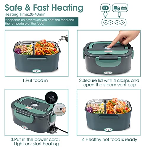 Electric Lunch Box 60W Food Heater, Upgraded 2 Compartments Portable Heated Lunch Box for Car Truck Adults Work Travel, Leak Proof, Self Heating Lunch Box with 1.5L 304 SS Container, 110V/220V/12V/24V