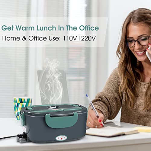 Electric Lunch Box 60W Food Heater, Upgraded 2 Compartments Portable Heated Lunch Box for Car Truck Adults Work Travel, Leak Proof, Self Heating Lunch Box with 1.5L 304 SS Container, 110V/220V/12V/24V