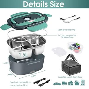 Electric Lunch Box 60W Food Heater, Upgraded 2 Compartments Portable Heated Lunch Box for Car Truck Adults Work Travel, Leak Proof, Self Heating Lunch Box with 1.5L 304 SS Container, 110V/220V/12V/24V