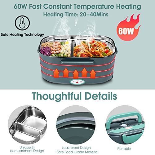 Electric Lunch Box 60W Food Heater, Upgraded 2 Compartments Portable Heated Lunch Box for Car Truck Adults Work Travel, Leak Proof, Self Heating Lunch Box with 1.5L 304 SS Container, 110V/220V/12V/24V