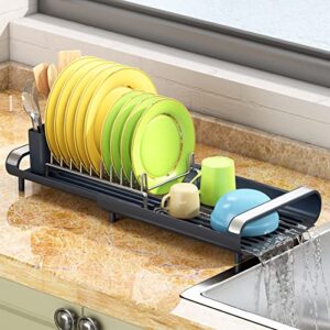 dish drying rack, kitchen counter small dish drainers rack expandable(11″ to 19.3″), in sink dish drying rack auto-drain compact stainless steel dish strainers with utensil caddy, grey