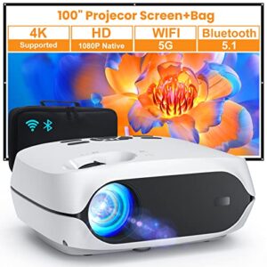 happrun projector, 5g wifi bluetooth projector, native 1080p portable projector with screen and bag, support 4k, zoom, 300″ outdoor movie projector compatible with ios/android/tv stick/ps5
