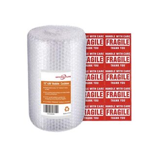 offitecture bubble cushioning wrap roll, 3/16” air bubble, 12 inch x 36 feet, perforated every 12”, 10 fragile stickers included