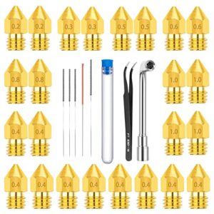 24pcs mk8 3d printer nozzles extruder nozzles kit 0.4mm,0.2mm,0.3mm,0.5mm,0.6mm,0.8mm,1.0mm brass nozzles with 5pcs stainless steel cleaning needle for for creality cr-10, ender 3/ pro/v2/5, prusa i3