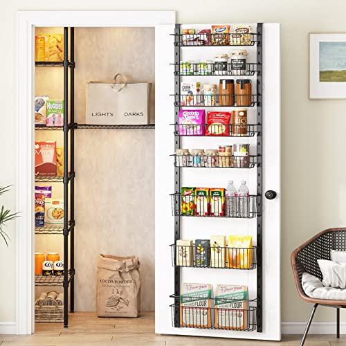 1Easylife Over the Door Pantry Organizer, 8-Tier Adjustable Baskets Pantry Organization and Storage, Metal Door Shelf with Detachable Frame, Space Saving Hanging Spice Rack for Kitchen Pantry Bathroom