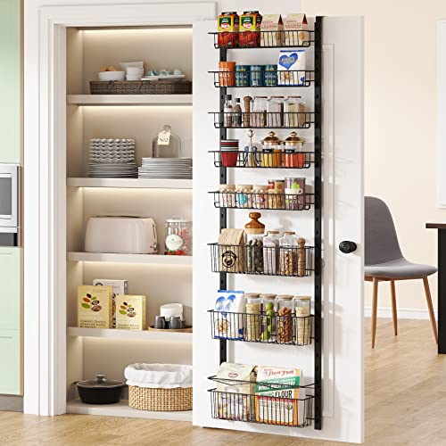 1Easylife Over the Door Pantry Organizer, 8-Tier Adjustable Baskets Pantry Organization and Storage, Metal Door Shelf with Detachable Frame, Space Saving Hanging Spice Rack for Kitchen Pantry Bathroom