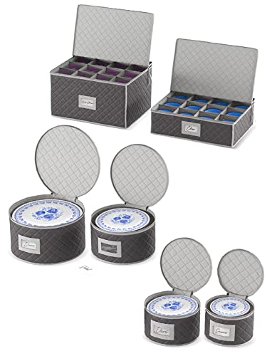 Woffit China Storage Containers - 6 Pack, Quilted Dinnerware & Stemware Set Bins for Packing Dishes and Glasses w/ 48 Felt Protectors - Essential Dish Supplies for Moving, Christmas, Seasonal Storage ﻿