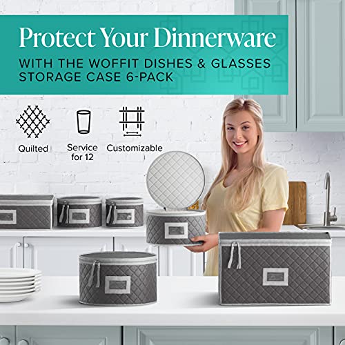 Woffit China Storage Containers - 6 Pack, Quilted Dinnerware & Stemware Set Bins for Packing Dishes and Glasses w/ 48 Felt Protectors - Essential Dish Supplies for Moving, Christmas, Seasonal Storage ﻿