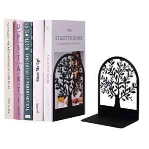 bookends, book ends, metal bookend, tree of life bookend, bookends for shelves, home decorative bookends for heavy books, black non-skid book stopper, 7 x 5.5 x 3.5 inch (1 pair)