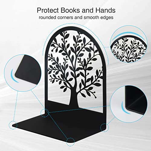 Bookends, Book Ends, Metal Bookend, Tree of Life bookend, Bookends for Shelves, Home Decorative Bookends for Heavy Books, Black Non-Skid Book Stopper, 7 x 5.5 x 3.5 inch (1 Pair)