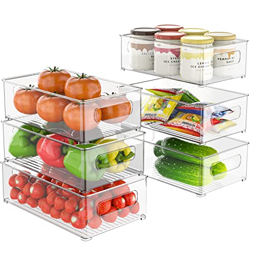 Refrigerator Organizer Bins - 6 Pack Fridge Organizers and Storage Clear, Three Size Clear Stackable Storage Bins for Pantry, Freezer, Cabinet, Drawer - BPA Free