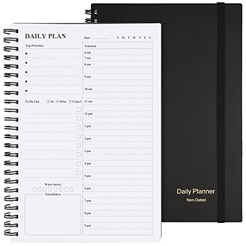 Daily Planner Undated, Asten to Do List Notebook Hourly Schedules Spiral Appointment Planner for Men and Women,PVC Hardcover,Elastic Closure, Inner Pocket 8.3" x 5.8" (Black)