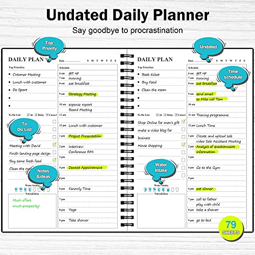 Daily Planner Undated, Asten to Do List Notebook Hourly Schedules Spiral Appointment Planner for Men and Women,PVC Hardcover,Elastic Closure, Inner Pocket 8.3" x 5.8" (Black)