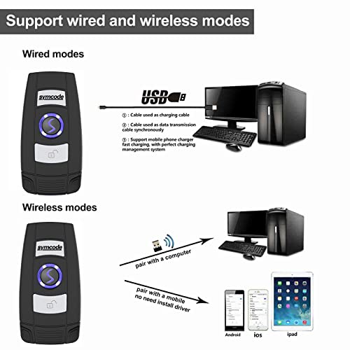 Mini 2D Portable Handheld Bluetooth Barcode Scanner Wireless 2.4G & USB Wired 3-in-1 Bar Code Scanner Portable USB QR Code Scanner for Windows.Android.iOS.MAC.