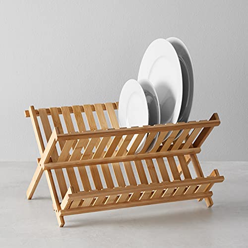 Amazon Basics Folding 2-Tier Wide-Slat Bamboo Dish Drying Rack - Collapsible, Natural