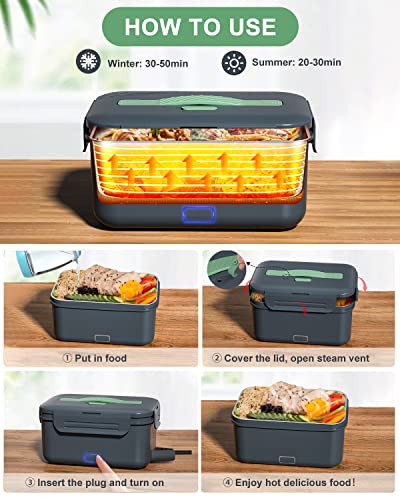 Monteka Electric Lunch Box Food Heater Upgrade 60/80/100W Double Layer Portable Food Warmer, 12V/24V/110V Heated Lunch Box for Adults Car Truck Home with 1.8L Removable Stainless Steel Container