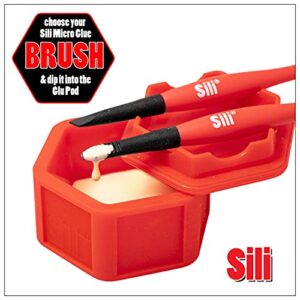 Sili Glue Pod and 3 Sili Micro Glue Brushes with Multi Purpose Sealable Lid/Glue Brush Holder • Fine Tip • Chiseled Tip and Flat Tapered Tip Brushes for Arts • Crafts • Models and Woodworking