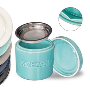 bacon grease oil container storage can keeper w/stainless strainer paleo keto pour spout ceramic porcelain stoneware fat separator filter multiple colors aqua
