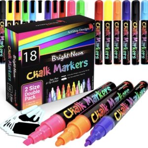 18 Classic Neon Chalk Markers Double Pack of Both Fine and Reversible Medium Tip Liquid Chalk Pens Wet Erasable - Menu Boards, Glass, Windows, White Boards, Classrooms, Mirrors, Chalk Boards, Plastic