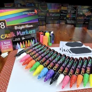 18 Classic Neon Chalk Markers Double Pack of Both Fine and Reversible Medium Tip Liquid Chalk Pens Wet Erasable - Menu Boards, Glass, Windows, White Boards, Classrooms, Mirrors, Chalk Boards, Plastic