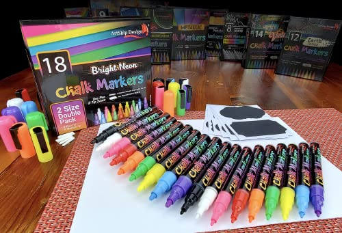 18 Classic Neon Chalk Markers Double Pack of Both Fine and Reversible Medium Tip Liquid Chalk Pens Wet Erasable - Menu Boards, Glass, Windows, White Boards, Classrooms, Mirrors, Chalk Boards, Plastic