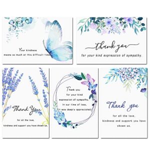 50 pack funeral thank you cards with envelopes, stickers & message inside, 4×6 in watercolor flowers butterflies bereavement sympathy thank you cards for funeral family friends loved ones celebration of life