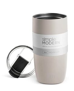 simple modern travel coffee mug tumbler with flip lid | reusable insulated stainless steel cold brew iced coffee cup thermos | gifts for women men him her | voyager collection | 16oz | almond birch